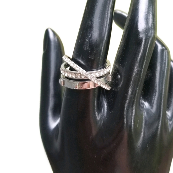 MICHAEL KORS DESIGNER STAINLESS STEEL & PAVE CRYSTAL STACKED RING - Picture 1 of 8